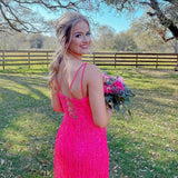 Glitter Red V-Neck Long Prom Dress with Tassel