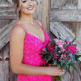 Glitter Red V-Neck Long Prom Dress with Tassel