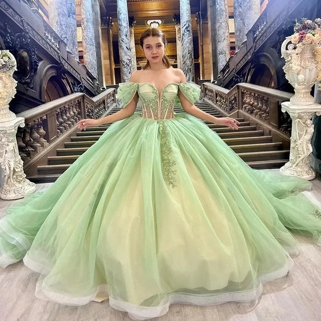 KissDress Sage Green Quinceanera Dress Off Shoulder Beading Floral Applique Ball Gowns Sage 10