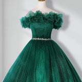 Green Off Shoulder Tulle Long Quinceanera Dresses