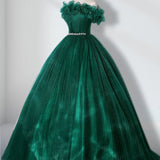 Green Off Shoulder Tulle Long Quinceanera Dresses