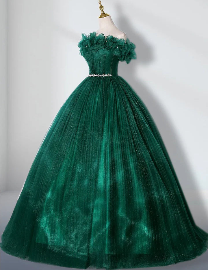 Green Off Shoulder Tulle Long Quinceanera Dresses