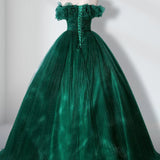 Green Off Shoulder Tulle Long Quinceanera Dresses