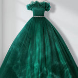 Green Off Shoulder Tulle Long Quinceanera Dresses