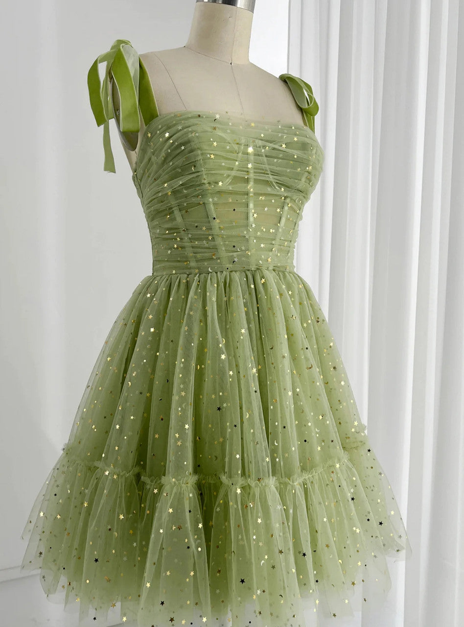 Green Tulle Sequins Spagheti Straps Pleats Homeocming Dress