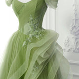 Saflor | Green A-Line Off Shoulder Long Prom Dress Lace Long Evening Dress