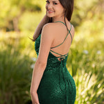 KissDress Sequin Lace Up Short Tight Homecoming Dress | The spaghetti-strap V-neckline delicately frames your collarbone and neck, adding a touch of sultriness to this elegant ensemble.