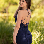 KissDress Sequin Lace Up Short Tight Homecoming Dress | The spaghetti-strap V-neckline delicately frames your collarbone and neck, adding a touch of sultriness to this elegant ensemble.