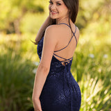 KissDress Sequin Lace Up Short Tight Homecoming Dress | The spaghetti-strap V-neckline delicately frames your collarbone and neck, adding a touch of sultriness to this elegant ensemble.