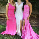 Halcyon | Mermaid Hot Pink Sequins Strapless Prom Dresses with Slit