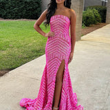 Halcyon | Mermaid Hot Pink Sequins Strapless Prom Dresses with Slit