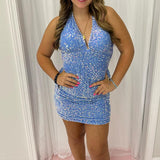 Halter Light Blue Sequin Bodycon Homecoming Dress