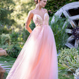 A-line Deep V Neckline Applique Tulle Prom Dress