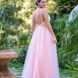 A-line Deep V Neckline Applique Tulle Prom Dress