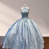 Halter Beaded Sky Blue Satin Ball Gown Quinceañera Dress