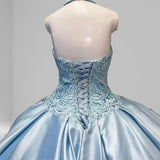 Halter Beaded Sky Blue Satin Ball Gown Quinceañera Dress