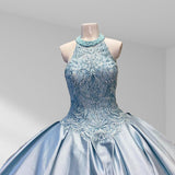 Halter Beaded Sky Blue Satin Ball Gown Quinceañera Dress