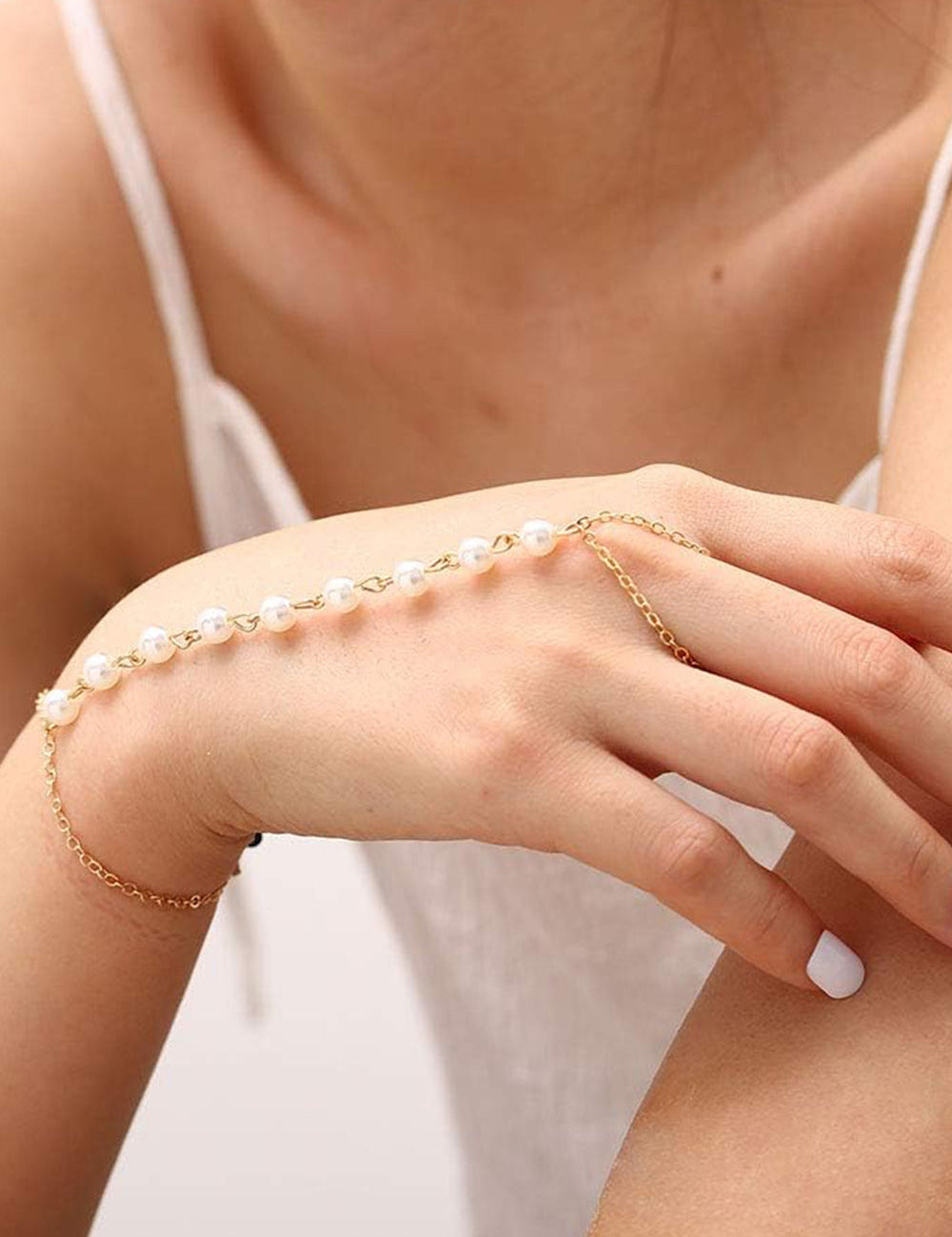 Hand Chain Pearl Finger Ring Adjustable Gold Bracelets