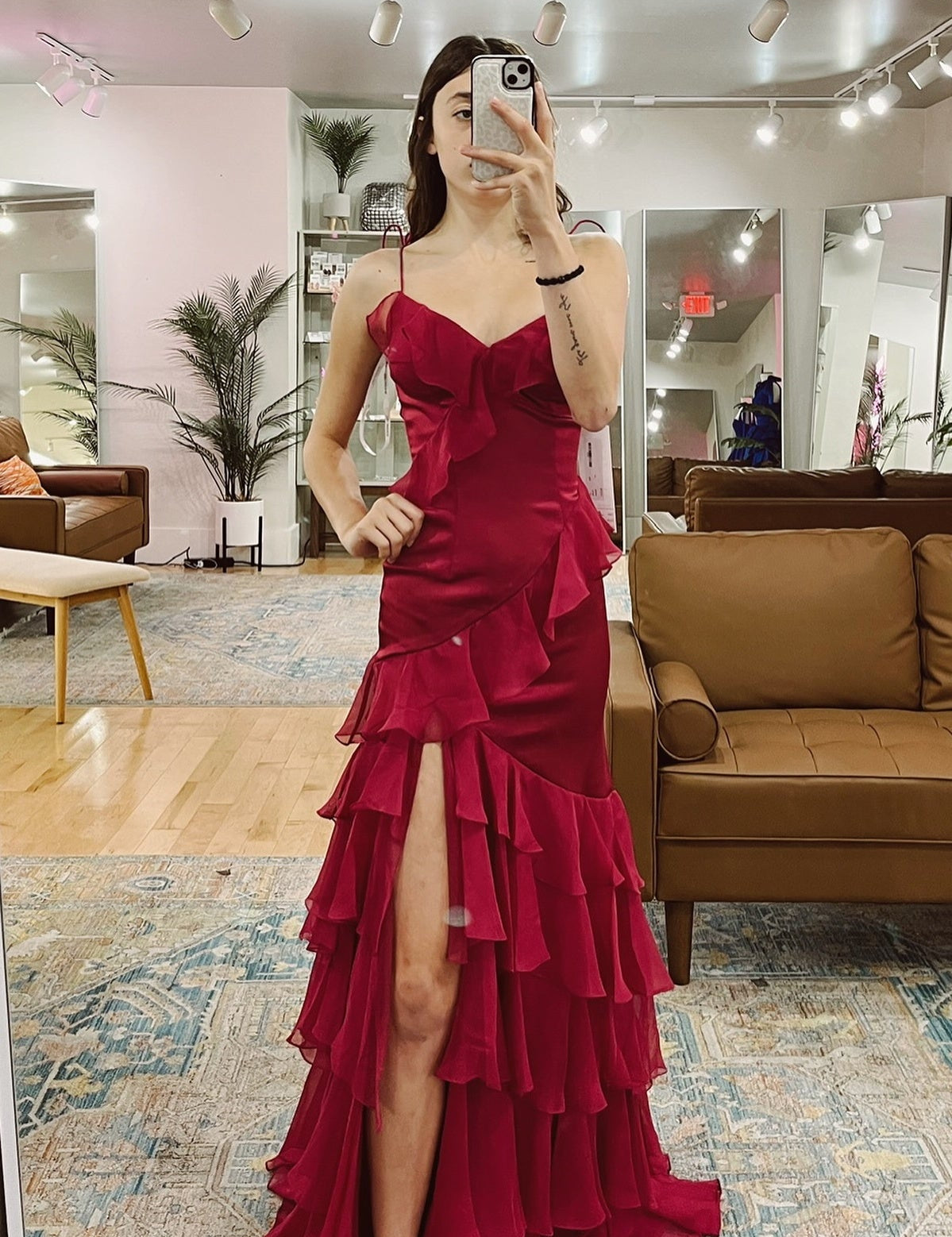 Hartlyn | Tie Shoulder Red Mermaid Ruffle Tiered Long Prom Dress with Slit