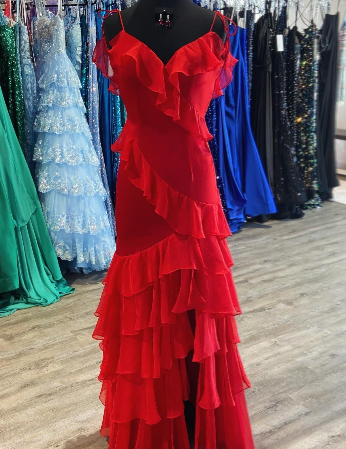 Hartlyn | Tie Shoulder Red Mermaid Ruffle Tiered Long Prom Dress with Slit