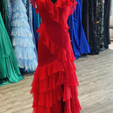 Hartlyn | Tie Shoulder Red Mermaid Ruffle Tiered Long Prom Dress with Slit