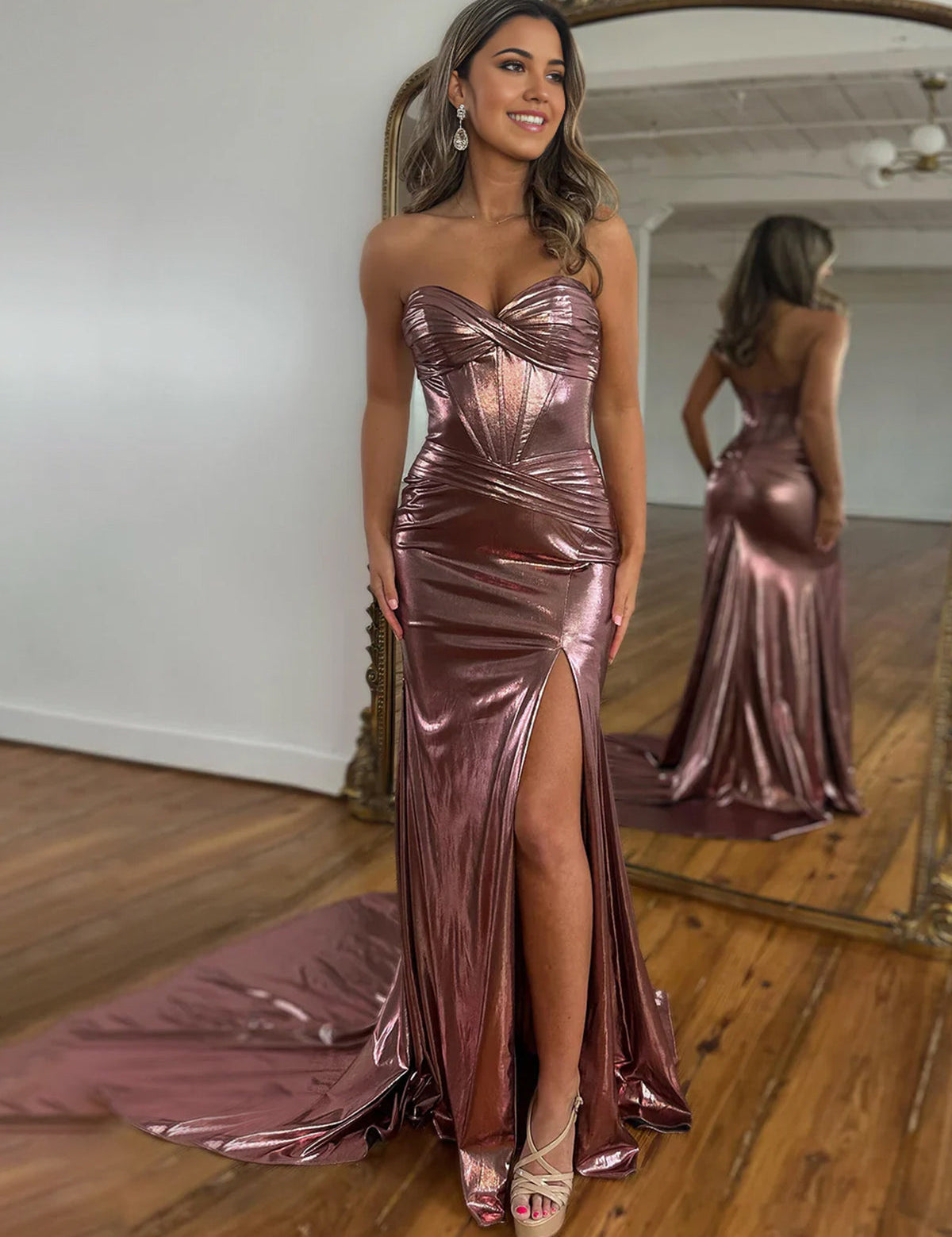 Hedda | Mermaid Sweetheart Strapless Metallic Empire Prom Dress With Side Slit