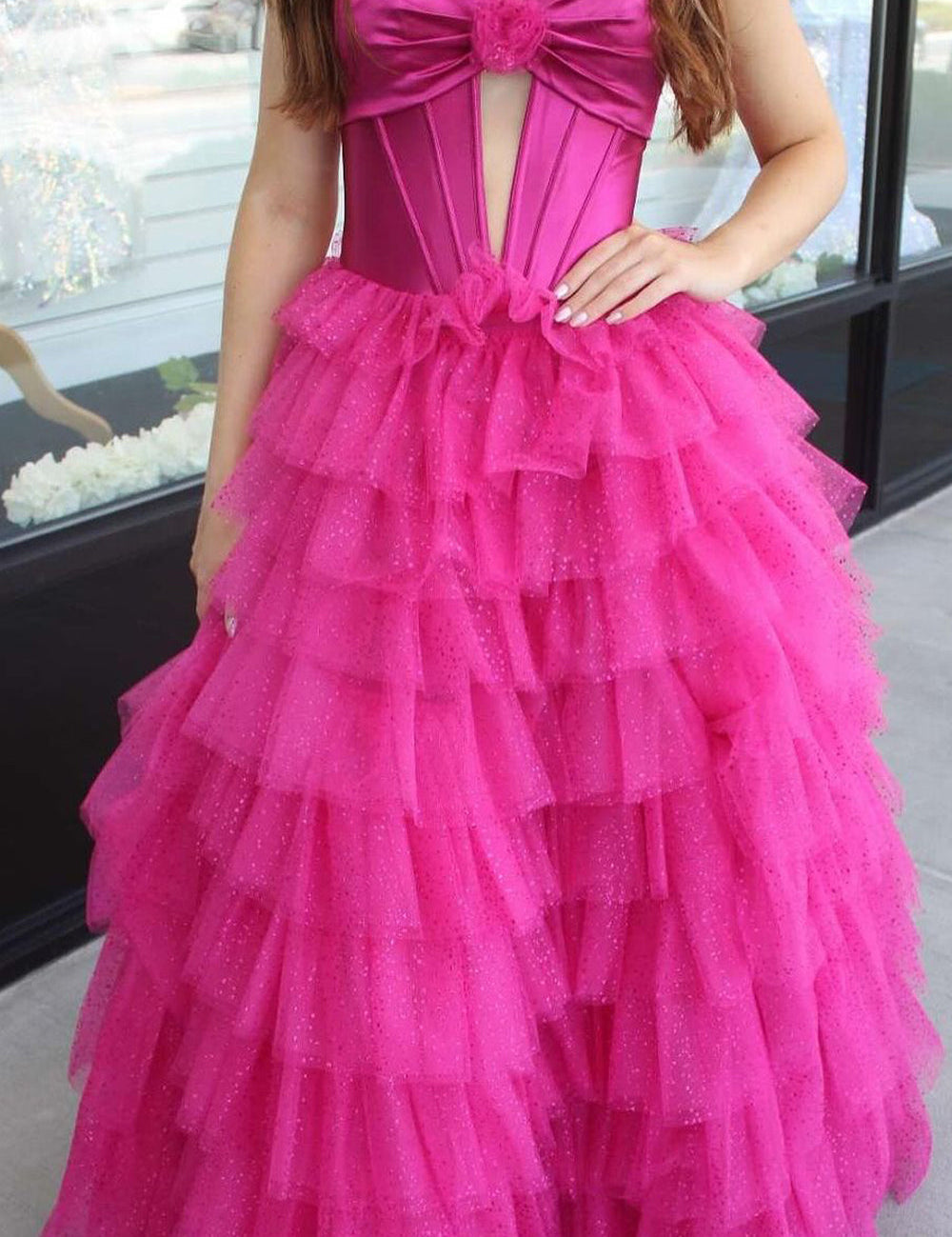 Rozara | Fuchsia A-Line Sweetheart Keyhole Tiered Tulle Long Prom Dresses