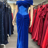 Holla | Royal Blue Velvet Off-the-Shoulder Twist-Knot Sheath Formal Gown