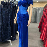 Holla | Royal Blue Velvet Off-the-Shoulder Twist-Knot Sheath Formal Gown