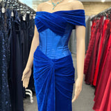 Holla | Royal Blue Velvet Off-the-Shoulder Twist-Knot Sheath Formal Gown