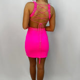 Hot Pink Appliques Lace-Up Tight Short Dress