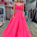 Hot Pink Beaded Cold-Shoulder A-Line Prom Dress