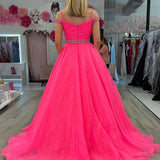 Hot Pink Beaded Cold-Shoulder A-Line Prom Dress