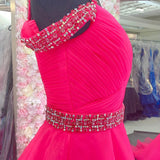 Hot Pink Beaded Cold-Shoulder A-Line Prom Dress