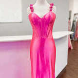 Persephone | Hot Pink Floral Straps Mermaid Satin Long Prom Dress