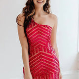 Hot Pink Sheath One Shoulder Sequins Short Homecoming Dress