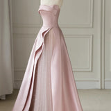 Sleeveless Satin A-Line Floor-Length Evening Gown Slit with Tulle Strapless Prom Dress