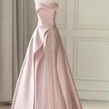 Sleeveless Satin A-Line Floor-Length Evening Gown Slit with Tulle Strapless Prom Dress