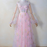 Illusion Neck Floor Length Tulle Pink Prom Dress