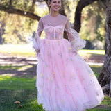 Illusion Neck Floor Length Tulle Pink Prom Dress