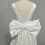 A-Line Satin V-Neck Short Wedding Dress with Large Bow