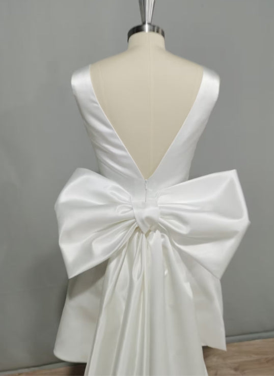 A-Line Satin V-Neck Short Wedding Dress with Large Bow