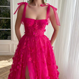 Kayleigh | Fuchsia Elegant A-line 3D Flower Lace Prom Dress With Slit