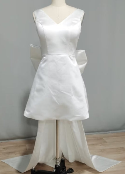 A-Line Satin V-Neck Short Wedding Dress with Large Bow