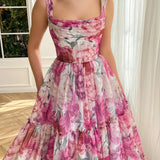 A Line Floral Pink Long Prom Dress