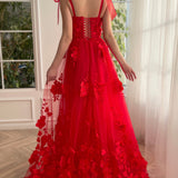 Cameron | Scarlet Lace A-line 3D Flower Long Prom Dress With Slit