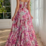 A Line Floral Pink Long Prom Dress