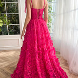 Kayleigh | Fuchsia Elegant A-line 3D Flower Lace Prom Dress With Slit