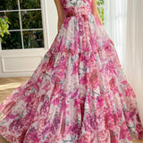 A Line Floral Pink Long Prom Dress