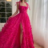 Kayleigh | Fuchsia Elegant A-line 3D Flower Lace Prom Dress With Slit